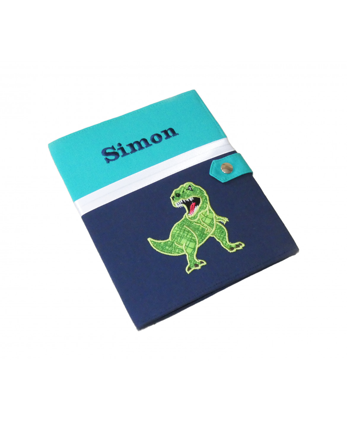Protège carnet de santé rigide personnalisé - vert et bleu - thème dinosaure - Cadeau de naissance garçon