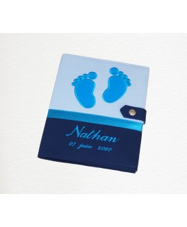 Protège carnet de santé garçon personnalisé rigide - baby feet - bleu - turquoise - cadeau de naissance personnalisé