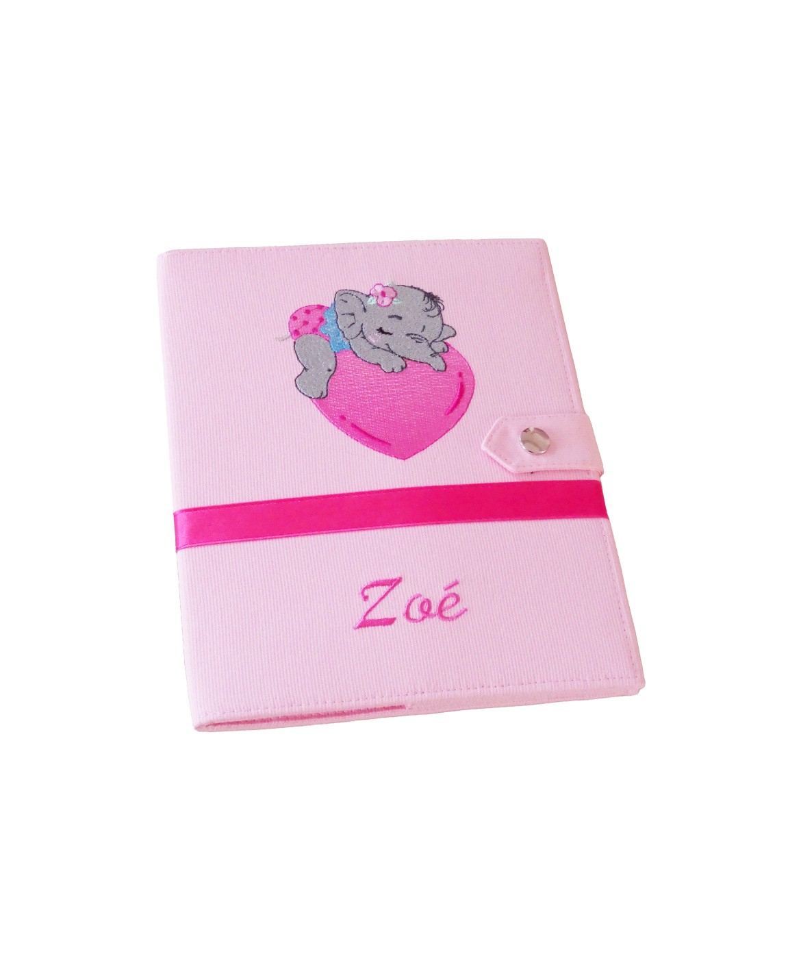 Protège carnet de santé rigide personnalisé - rose - bébé éléphant - Cadeau de naissance