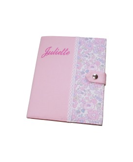 Protège carnet de santé rigide personnalisé - Cadeau de naissance fille personnalisé - liberty rose et dentelle