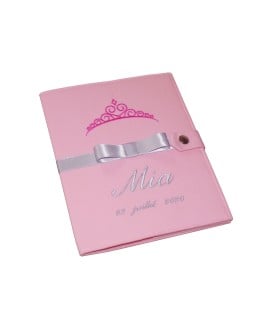 Protège carnet de santé rigide personnalisé  rose - gris argent - couronne - ruban gris - fille