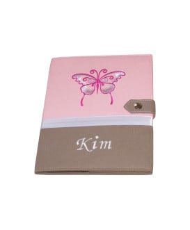 Protège carnet de santé rigide personnalisé rose et taupe - thème papillon - Cadeau de naissance fille personnalisé