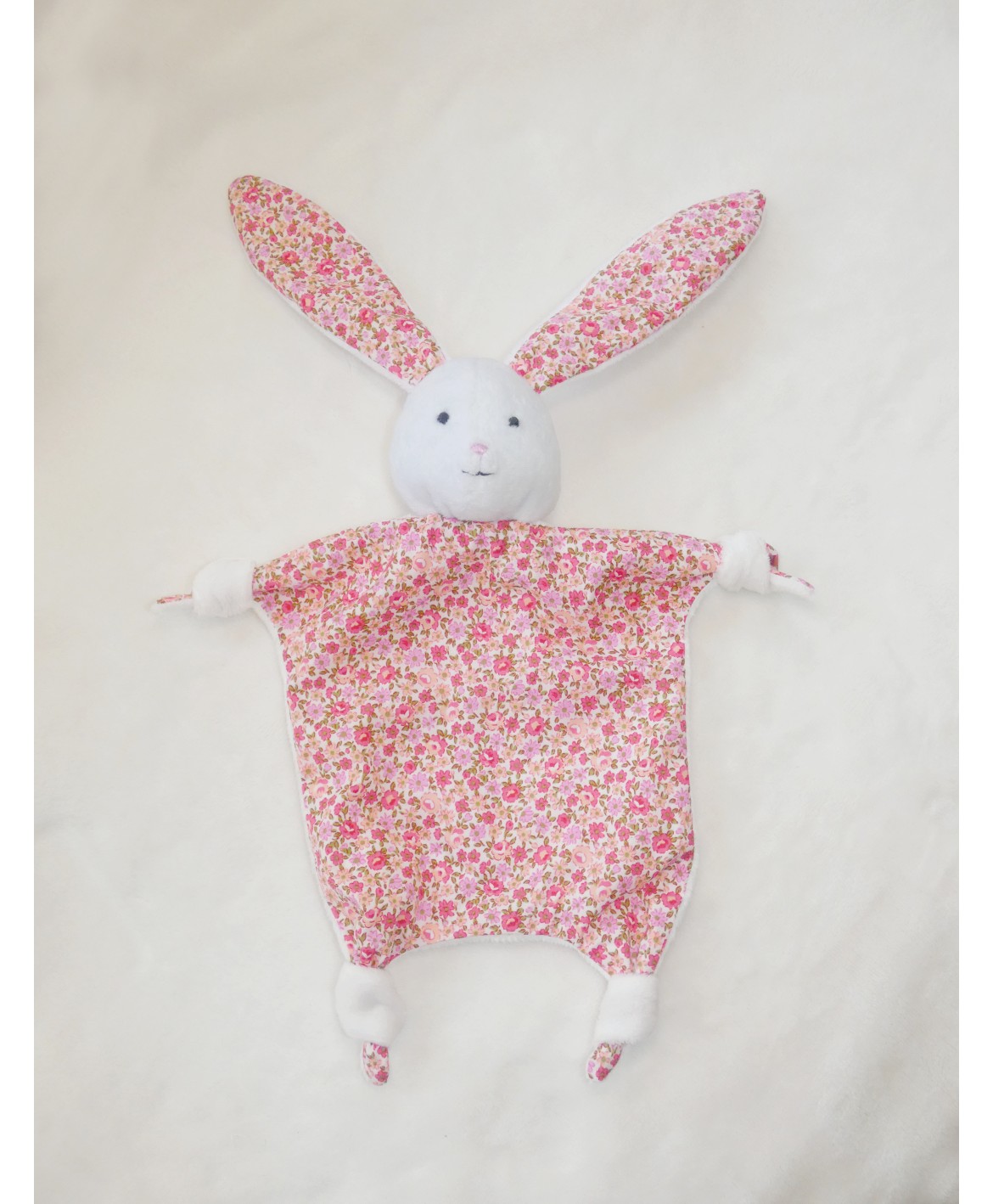 Doudou lapin - petites fleurs - rouge