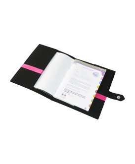 Protège carnet de santé rigide personnalisé - modèle baby feet fille - noir et rose fuchsia