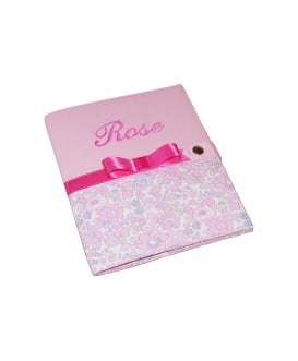 Protège carnet de santé rigide personnalisé rose et liberty - Cadeau de naissance personnalisé