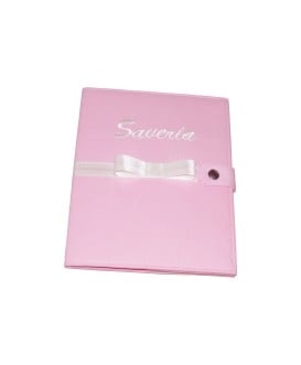 Protège carnet de santé personnalisé rigide rose - ruban blanc - Cadeau de naissance fille personnalisé