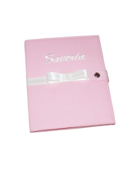 Protège carnet de santé personnalisé rigide rose - ruban blanc - Cadeau de naissance fille personnalisé