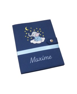 Protège carnet de santé rigide personnalisé - bleu marine - bébé éléphant - Cadeau de naissance garçon