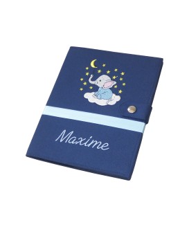 Protège carnet de santé rigide personnalisé - bleu marine - bébé éléphant - Cadeau de naissance garçon