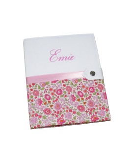 Protège carnet de santé rigide personnalisé blanc et liberty rose - Cadeau de naissance personnalisé