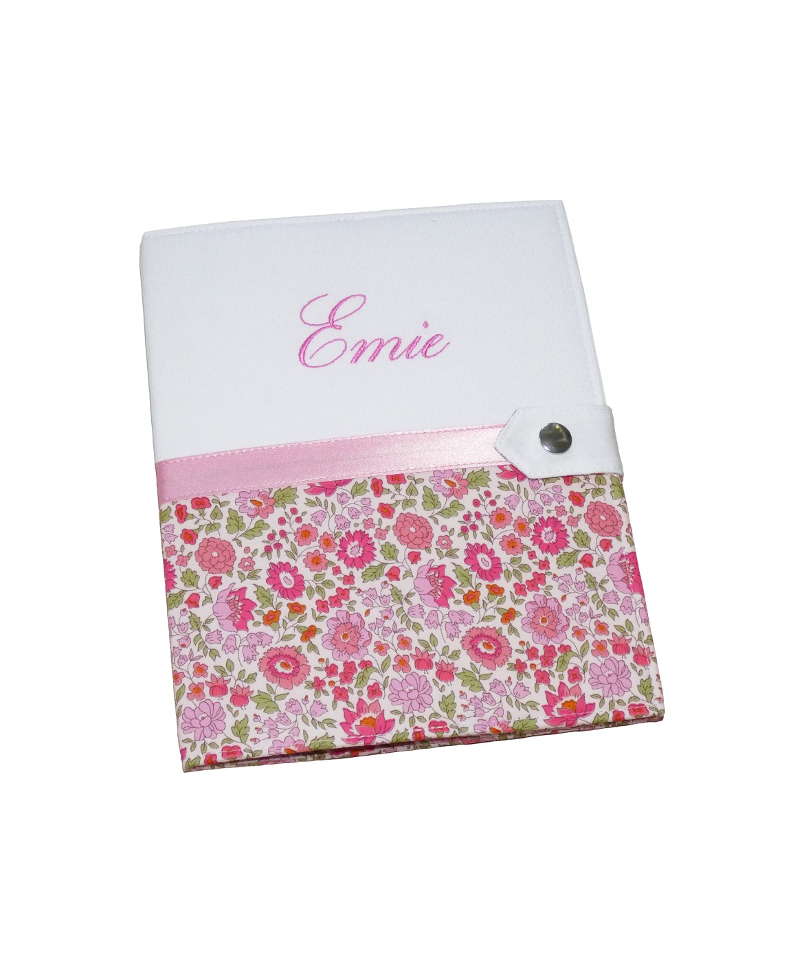 Protège carnet de santé rigide personnalisé blanc et liberty rose - Cadeau de naissance personnalisé