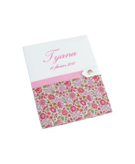 Protège carnet de santé rigide personnalisé blanc et liberty rose - Cadeau de naissance personnalisé