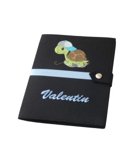 Protège carnet de santé rigide noir personnalisé - petite tortue - Cadeau de naissance garçon