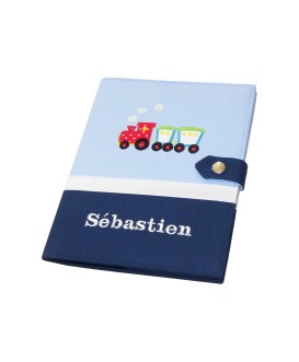 Protège carnet de santé garçon rigide personnalisé - petit train - bleu