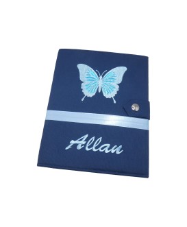 Protège carnet de santé rigide personnalisé - papillon bleu - bleu marine - Cadeau de naissance garçon