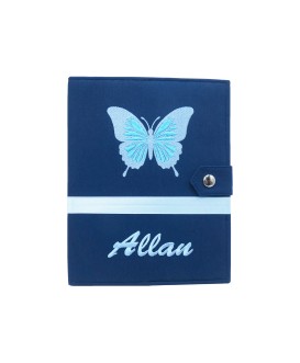 Protège carnet de santé rigide personnalisé - papillon bleu - bleu marine - Cadeau de naissance garçon