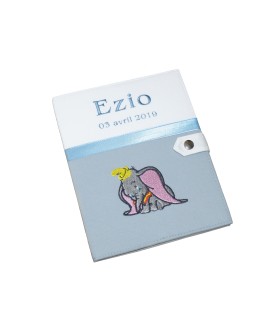 Protège carnet de santé rigide blanc et gris personnalisé - Eléphant Dumbo - Cadeau de naissance garçon