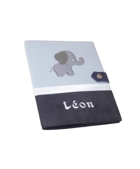 Protège carnet de santé rigide personnalisé gris et anthracite - Thème éléphant - Cadeau de naissance personnalisé