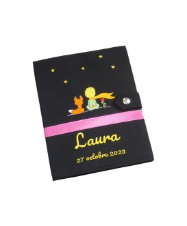 Protège carnet de santé rigide personnalisé - petit prince - fille - noir et rose