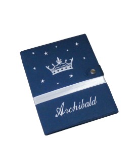 Protège carnet de santé rigide personnalisé bleu marine - couronne - cadeau de naissance garçon