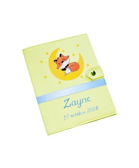 Protège carnet de santé rigide personnalisé - petit renard - lune - vert anis - Cadeau de naissance personnalisé
