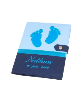 Protège carnet de santé garçon personnalisé rigide - baby feet - bleu - turquoise - cadeau de naissance personnalisé