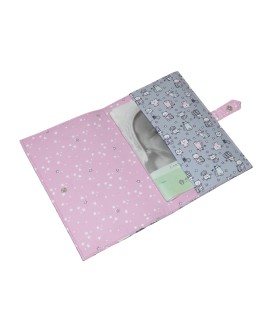 Pochette de rangement pour carnet de santé - petit chat - rose et gris