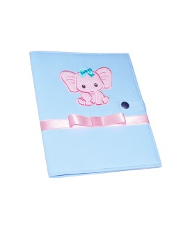 Protège carnet de santé rigide personnalisé - bleu ciel - bébé éléphant rose - Cadeau de naissance fille