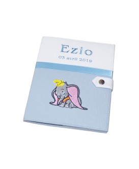 Protège carnet de santé rigide blanc et gris personnalisé - Eléphant Dumbo - Cadeau de naissance garçon