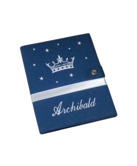 Protège carnet de santé rigide  personnalisé bleu marine - couronne - cadeau de naissance garçon