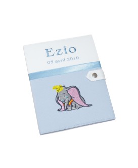 Protège carnet de santé rigide blanc et gris personnalisé - Eléphant Dumbo - Cadeau de naissance garçon