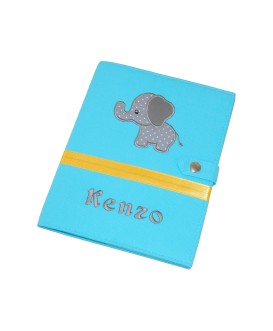 Protège carnet de santé rigide personnalisé - thème éléphant - bleu turquoise
