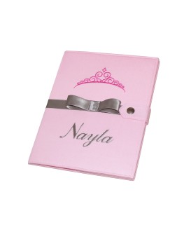 Protège carnet de santé rigide personnalisé rose - couronne - ruban gris - fille