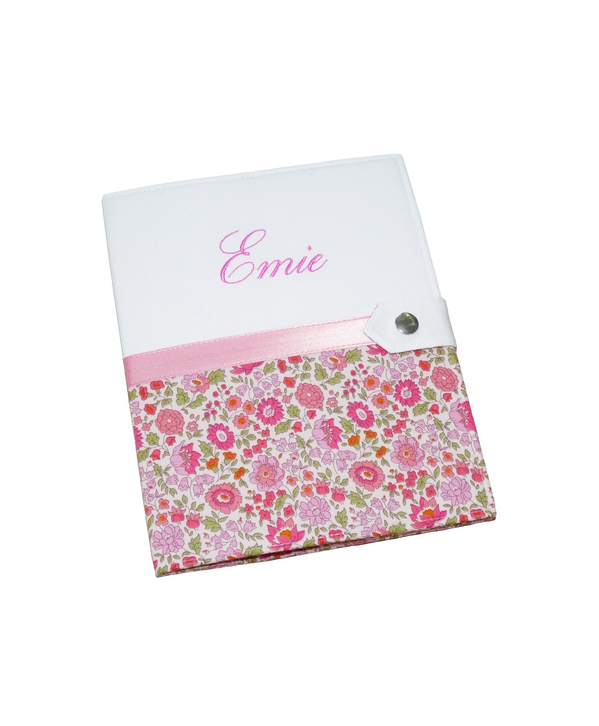 Protège carnet de santé rigide personnalisé blanc et liberty rose - Cadeau de naissance personnalisé