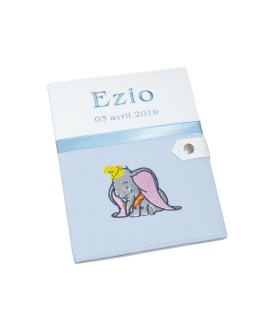 Protège carnet de santé rigide blanc et gris personnalisé - Eléphant Dumbo - Cadeau de naissance garçon