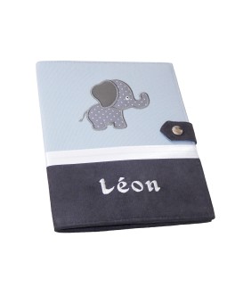Protège carnet de santé rigide personnalisé gris et anthracite - Thème éléphant - Cadeau de naissance personnalisé