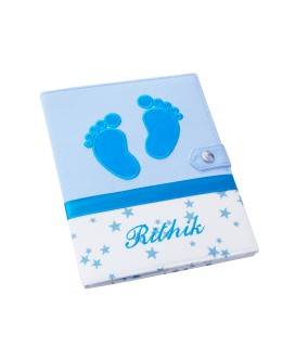 Protège carnet de santé garçon personnalisé rigide - baby feet - bleu - étoiles - cadeau de naissance personnalisé