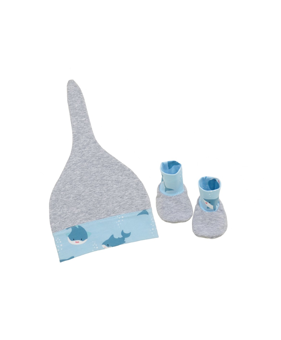 Ensemble bonnet et chaussons bébé naissance - bleu et gris